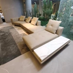 Fluid Curved Sectional Top-Grain Leather Sofa with Integrated Marble Side Platform